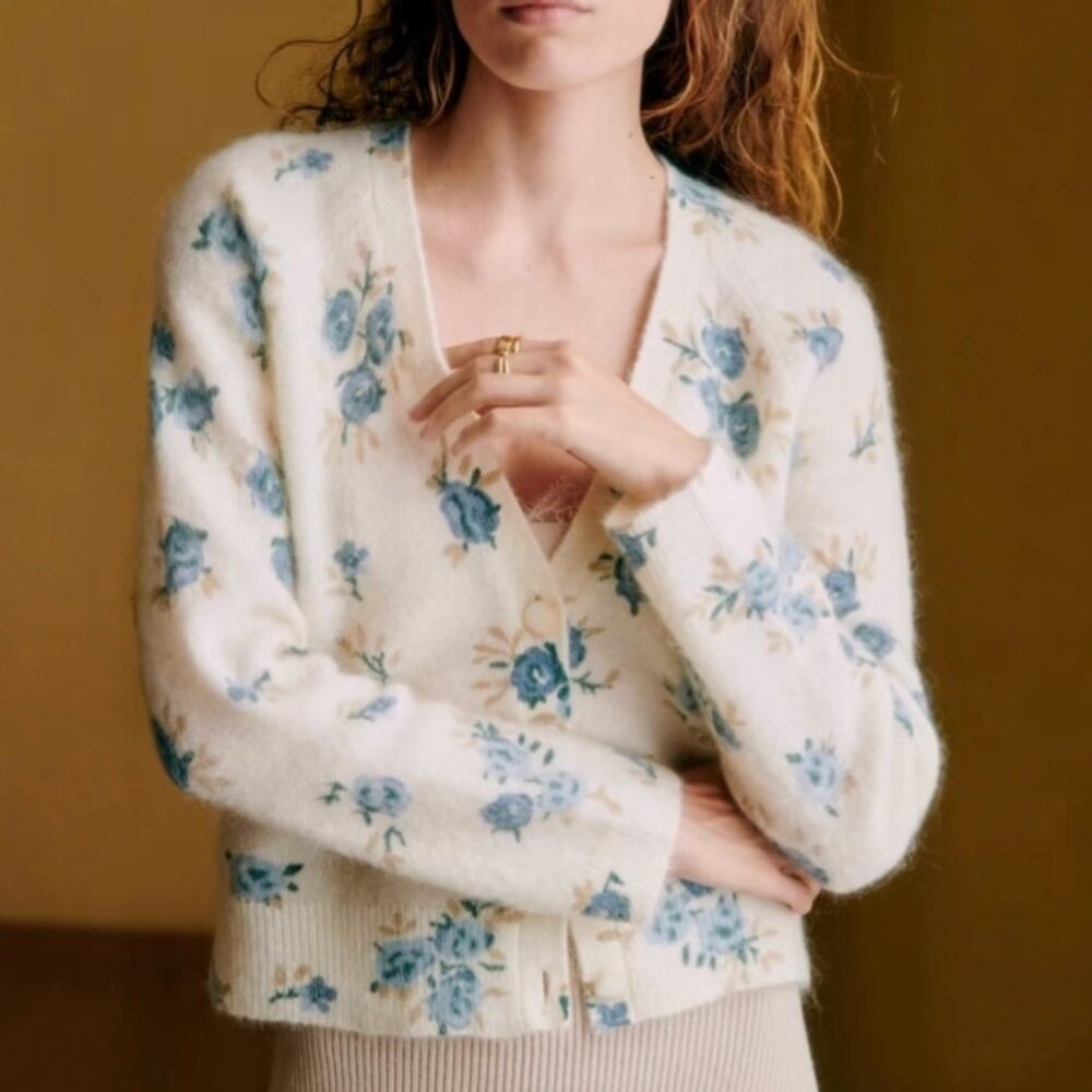 Sezane Nerys Cardigan XXS/XS/S Blue Ivory Floral Long Sleeve Wool French Knit